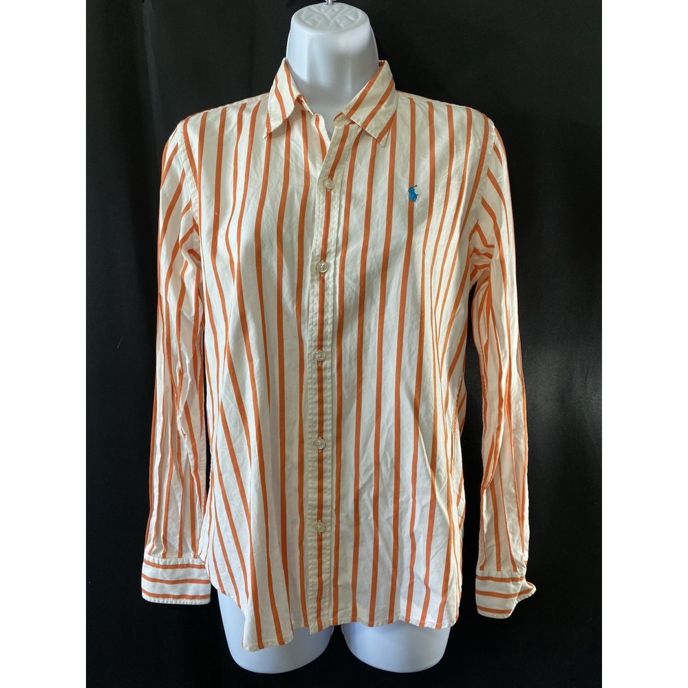 Ralph Lauren Golf Boys Shirt Size 8 Orange Striped Button Up Collared Church